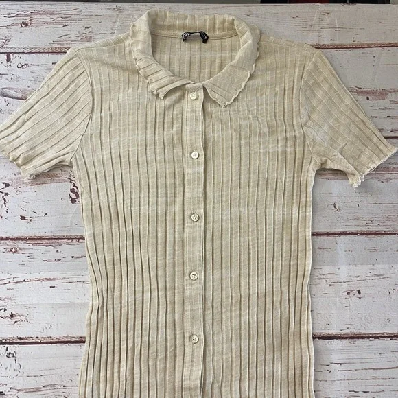 Zara Womens Short Sleeve Ribbed Bodycon‎ Maxi Dress Minimalist Tan Size Large - Picture 2 of 7